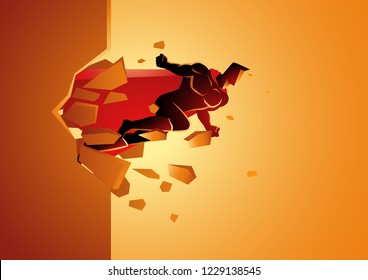 Graphic vector of a superhero break through concrete wall