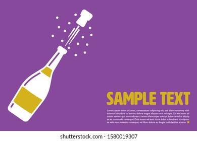 Graphic vector template with exploding champagne bottle and sample text on purple background