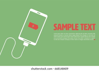 Graphic vector template with smart phone on wire charging battery and sample text