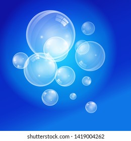 Graphic vector transparent bubbles on a blue background. For layout of brochures, design flyers, cover