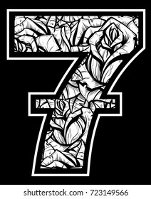 Graphic vector white number seven with roses inside on black background