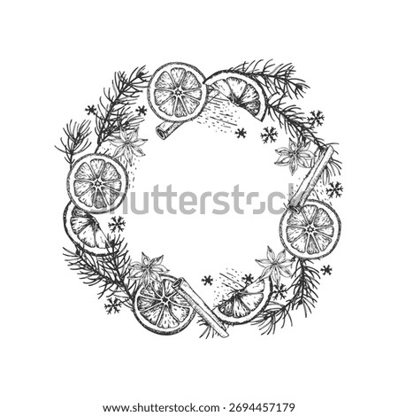 A graphic vector wreath with fir tree branches, oranges, cinnamon, star anise. A black and white spice template for label and packaging design for Christmas sweets and mulled wine.