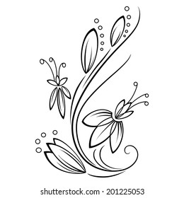 Graphic vertical isolated black fragment with stylized flowers
