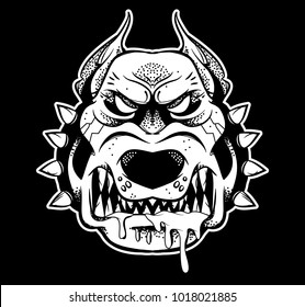 Graphic very big angry dangerous fighter security dog that shows his big teeth and annoyed to growl. Black white design illustration modern vector style character for print isolated white background.