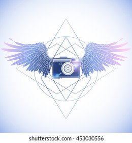 Graphic vintage camera with two wings. Conceptual art for web sites, business cards and other corporate identity for the photographers.