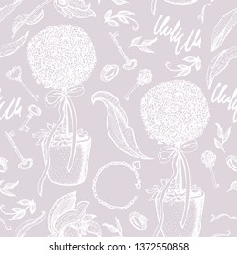 Graphic vintage decorative wedding pattern. Endless ornament for a variety of decorative surfaces. Vintage motive. Flowers, garden, keys and hearts