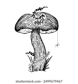 Graphic vintage doodle illustration with autumn forest mushroom.