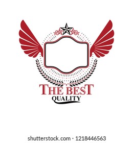 Graphic vintage emblem composed using ancient star, eagle wings and laurel wreath. Heraldic vector design element. Retro style label, heraldry logo. 