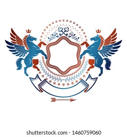 Graphic vintage emblem composed with winged Pegasus ancient animal element, keys and beautiful ribbon. Heraldic vector design element. Retro style label, heraldry logo.