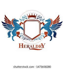 Graphic vintage emblem composed with winged Pegasus ancient animal element, royal crown and pentagonal stars. Heraldic vector design element. Retro style label, heraldry logo.