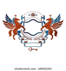 Graphic vintage emblem composed with winged Pegasus ancient animal element, royal crown and sharp hatchets. Heraldic vector design element. Retro style label, heraldry logo.