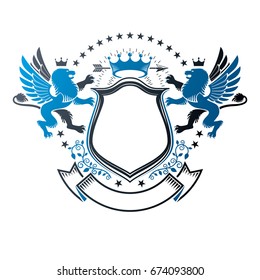 Graphic vintage emblem composed with winged Pegasus ancient animal element, royal crown and beautiful ribbon. Heraldic vector design element. Retro style label, heraldry logo.