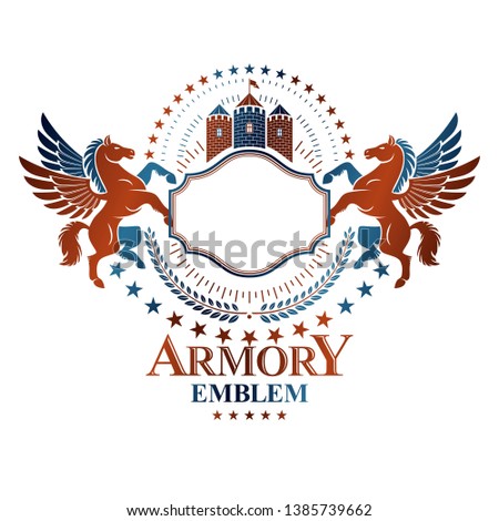 Graphic vintage emblem composed with winged Pegasus ancient animal element, medieval castle and pentagonal stars. Heraldic vector design element. Retro style label, heraldry logo.