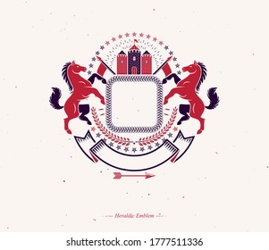Graphic vintage emblem with horse animal element, medieval tower and red decorative ribbon.Heraldic vector design element. Retro style label, heraldry logo.