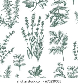 Graphic vintage pattern with fragrant herbs.  Seamless for fabric design, gift wrapping paper and printing and web projects. 