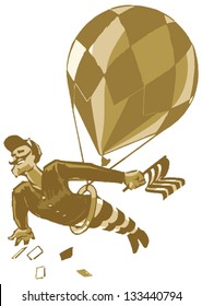 Graphic vintage style vector illustration of a dashing chap with a handlebar mustache, swinging from a trapeze under a balloon. From his hand he drops favors to the crowds below.