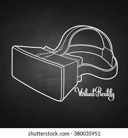 Graphic virtual reality headset drawn in line art style. Vector glasses isolated on chalkboard. Modern cyber technologies for gaming