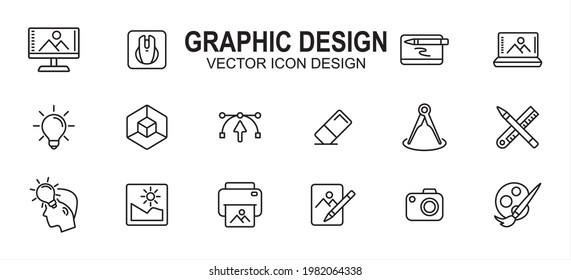 Graphic visual design related vector icon user interface graphic design. Contains such icons as computer, mouse, pen tablet, laptop, idea, light bulb, anchor, handle, eraser, pencil, ruler, photo