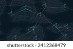 Graphic visualization background data on map graph. Abstract vector map of roads with data on top of it. Location data on an abstract map. Designated territories. Editable isometric illustration.