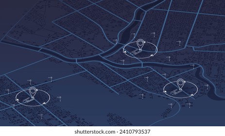 Graphic visualization background data on map graph. Abstract vector map of roads with data on top of it. Location data on an abstract map. Designated territories. Editable isometric illustration.