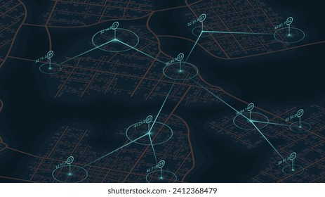 Graphic visualization background data on map graph. Abstract vector map of roads with data on top of it. Location data on an abstract map. Designated territories. Editable isometric illustration.