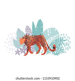 Graphic walking cheetah surrounded by exotic plants. Vector african art drawn with rough brush in soft colors