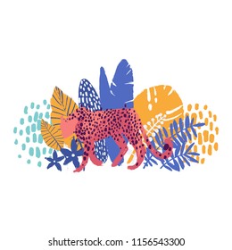 Graphic walking cheetah surrounded by exotic plants. Vector african art drawn with rough brush in vibrant colors