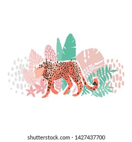 Graphic walking cheetah surrounded by exotic plants. Vector african art drawn with rough brush in gentle colors