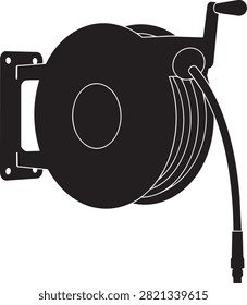 A graphic a wall mounted hose reel. This is ideal for garden maintenance and plumbing concepts.