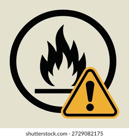 Símbolo gráfico de advertencia que indica peligro de inflamabilidad con un signo de exclamación para mayor precaución contra el peligro
