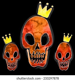 Graphic watercolor set of skull and crown