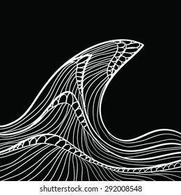 Graphic wave. Black and white vector illustration of high waves, tsunami, high water.Design element. Night Sea concept. Wave draw by free hand.  Eps 10.
