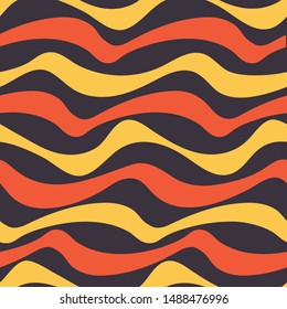 Graphic wavy 70's seamless pattern in yellow, orange and beige. Groovy waves in horizontal stripes have a surf vibe. Great for beachwear, posters, graphic design projects and textiles. Vector.