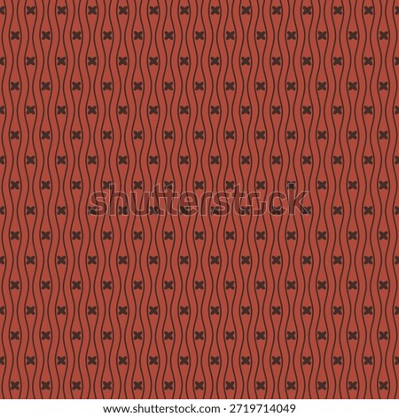 Graphic wavy stripes with tiny cross motifs in black over warm terra-cotta, ideal for wallpaper, bedding, upholstery and gift wrap.