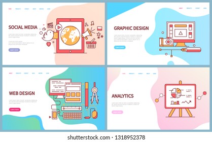 Grafik- und Web-Design, Analytik und Social Media-Vektorillustration. Computerbildschirm mit Werkzeugen, Monitor mit Vorräten zur Optimierung der Website-Daten auf Diagrammen