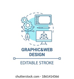 Graphic and web design concept icon. Top careers in IT for creative thinkers. Creation of vector graphics idea thin line illustration. Vector isolated outline RGB color drawing. Editable stroke