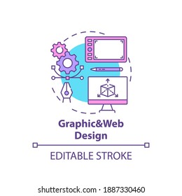 Graphic and web design concept icon. Top careers in IT for creative thinkers. Creation of art graphics idea thin line illustration. Vector isolated outline RGB color drawing. Editable stroke