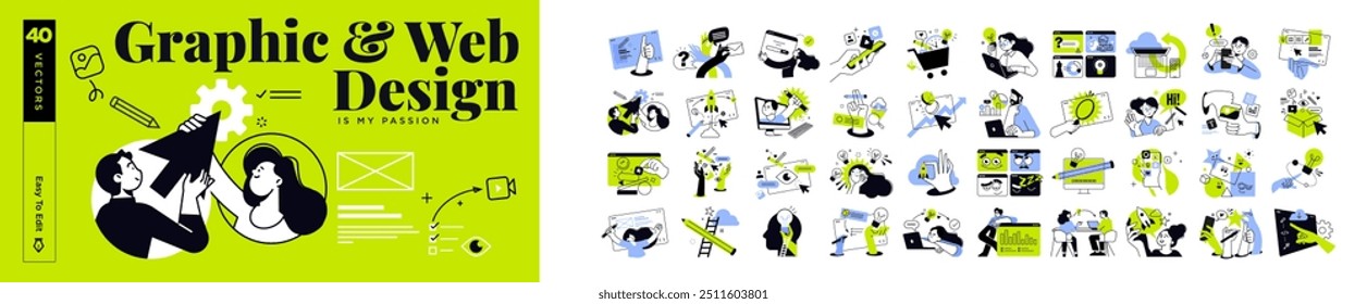 Graphic and web design concept illustrations. Vector illustrations of creative idea, web and app design and development, seo, graphic design, startup, project launch, social media, content management.