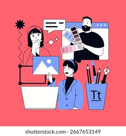 Graphic web design concept for modern website design. People creating wireframe layouts and engineering templates, coding on platform, working with project colours and images. Vector illustration.