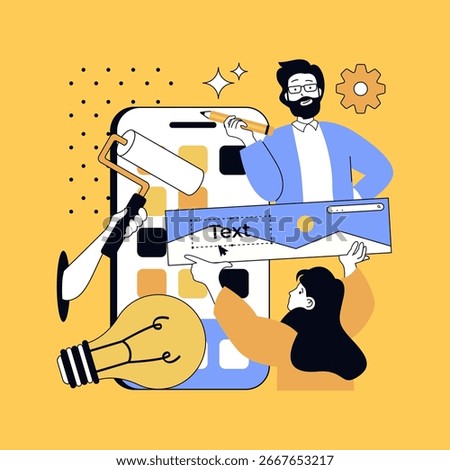 Graphic web design concept for modern website design. People creating layouts and templates, finding best visual ideas, coding on platform, working with colours and elements. Vector illustration.