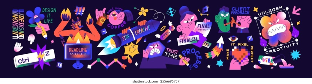 Graphic or web design concept set. Colourful sticker pack of digital art, creative development, webdesign. Comic characters, humorous items, cool elements, signs. Flat isolated vector illustrations