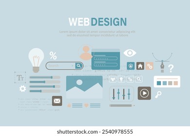 Graphic and web design. Custom design for a sites, mobile applications, Ui UX design. Creative concept for web banner, social media, business presentation, marketing material. flat vector illustration