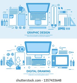 Graphic web design. Drawing and painting. User interface UI. Landing page creation and development. Flat blue outline background. Line art vector illustration.