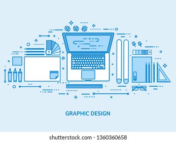 Graphic web design. Drawing and painting. User interface UI. Landing page creation and development. Flat blue outline background. Line art vector illustration.