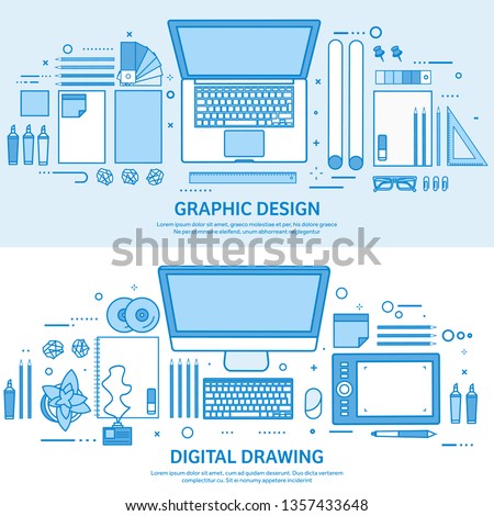Graphic web design. Drawing and painting. User interface UI. Landing page creation and development. Flat blue outline background. Line art vector illustration.