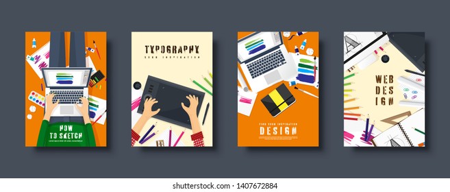 Graphic and web design. Flat style covers set. Designer workplace with tools. User interface design. UI. Digital drawing. Online tutorial. Vector illustration.