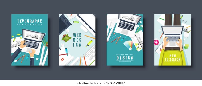 Graphic and web design. Flat style covers set. Designer workplace with tools. User interface design. UI. Digital drawing. Online tutorial. Vector illustration.