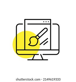 Graphic and web design icon. Paint brush on monitor. Pixel perfect, editable stroke line art icon