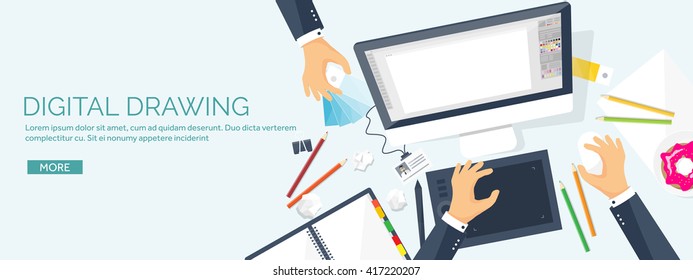 Graphic and web design illustration.Flat style.Designer workplace with tools.Web development,user interface design.UI.Digital drawing.Graphic design trends and ideas.Motion graphic software,tutorial