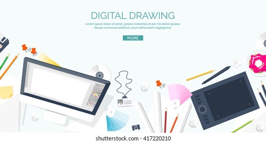 Graphic and web design illustration.Flat style.Designer workplace with tools.Web development,user interface design.UI.Digital drawing.Graphic design trends and ideas.Motion graphic software,tutorial